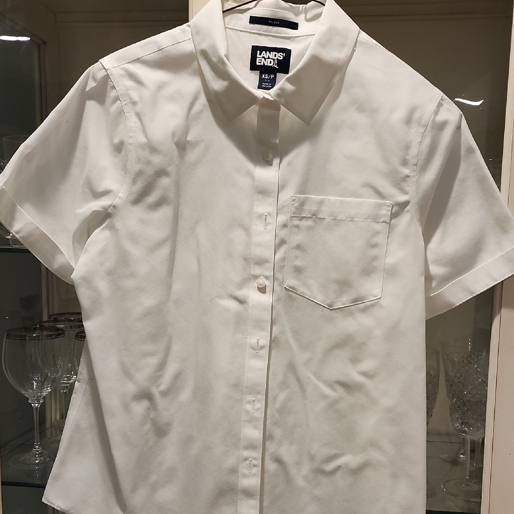 Lands' End Womens Short Sleeve Classic White Button Down Shirt